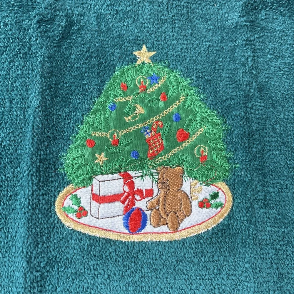Vtg Christmas Fingertip Towels Set Of 6 Green Embroidered Teddy Bear Tree New